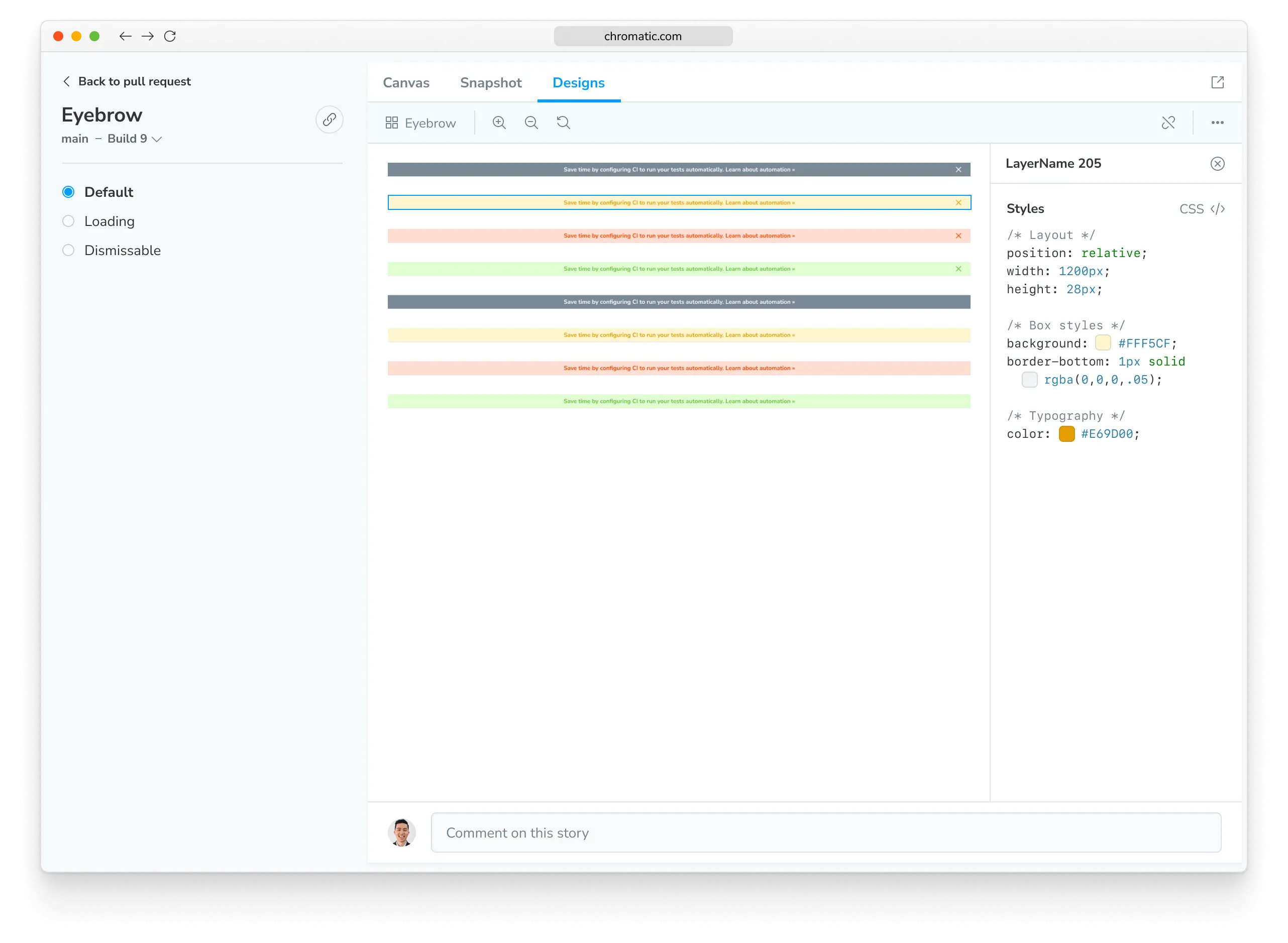 Designs tab in Chromatic showing the rendering of a Figma component with the layer inspect drawer open showing CSS for the layer