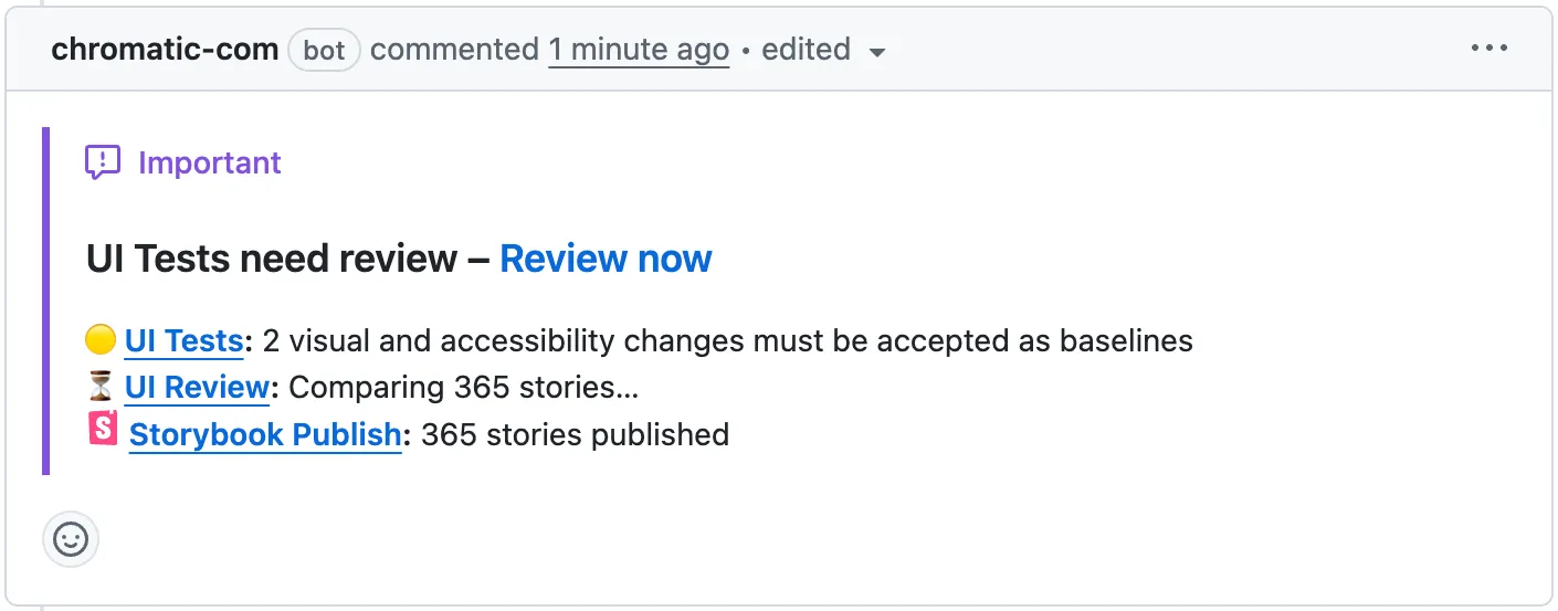 A GitHub pull request comment from Chromatic showing UI Tests need review, with 2 visual and accessibility changes to accept, UI Review in progress comparing 365 stories, and Storybook Publish confirming 365 stories published